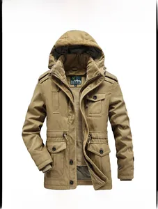 Front view of khaki men's parka with warm fleece lining and multi-pocket cargo design