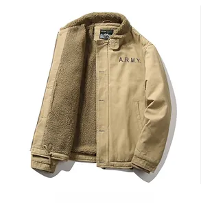Detail of khaki military pilot jacket with warm fleece lining and A.R.M.Y. print