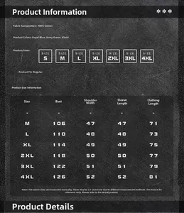Size chart for 100% cotton long sleeve military style shirt in various sizes and colors