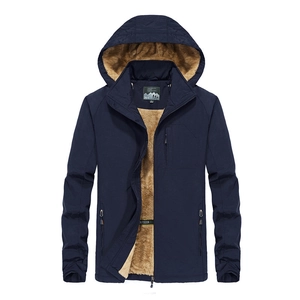 Men's winter dark blue windproof jacket with warm fleece lining and hood details