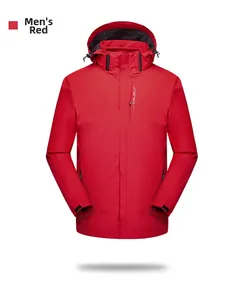Detail of red men's outdoor jacket with EXPLORE logo and adjustable velcro cuffs
