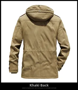 Rear view of khaki winter parka showing shoulder epaulettes and adjustable waist drawstring