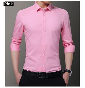 Detailed view of men's slim fit pink dress shirt with classic collar and button closure