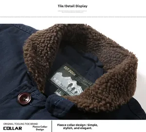 Detail shot of navy workwear jacket featuring brown faux shearling collar and logo label