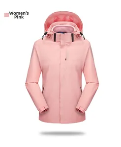 Detailed view of women's pink outdoor jacket featuring hood drawstrings and Explore print