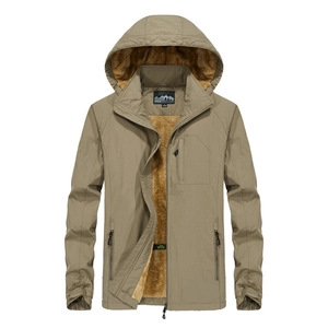 Men's khaki hooded fleece jacket with windproof shell and thick brown warm lining