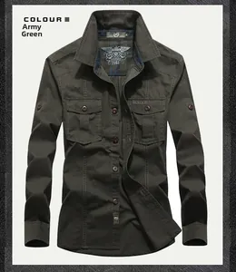 Detail of army green military cargo shirt featuring chest pockets and neck print