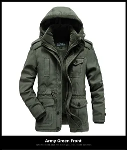 Close-up of military green men's winter jacket showing thick fleece lining and drawstring waist