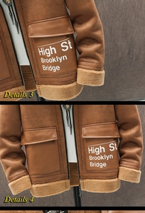 Detail of men's brown faux suede jacket with sherpa fleece lining and white pocket text