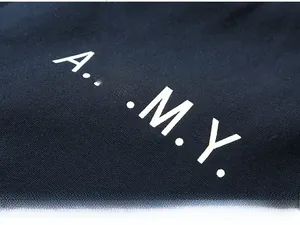 Detail of ARMY letter print on navy blue lamb wool bomber jacket fabric texture
