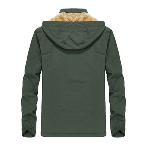 Men's dark green fleece-lined hooded jacket with warm khaki faux fur interior and windproof fabric