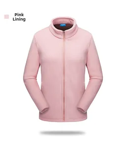 Close-up of pink polar fleece jacket lining with high collar and full zipper closure