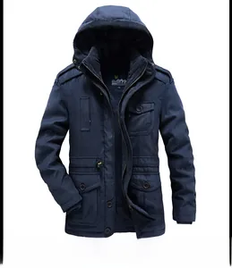 Detail view of navy blue hooded parka featuring multi-pocket design and thick fleece lining