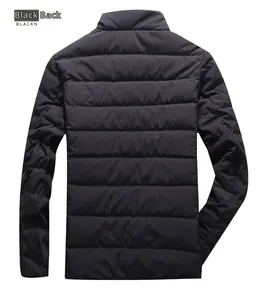 Rear view of black quilted winter jacket featuring a stand collar and padded horizontal seams