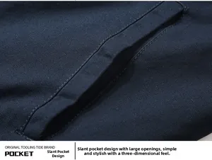 Detail of the deep blue fleece jacket showing a side pocket and twill fabric texture