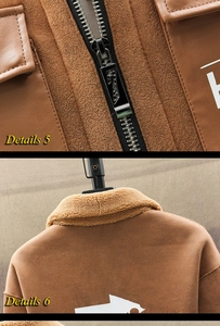 Close-up of brown suede jacket with thick faux shearling collar and metal zipper detail