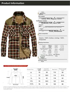 Size chart for men's winter fleece-lined plaid shirt with measurement guidelines