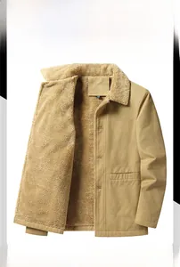 Detail of khaki cotton jacket showing thick white sherpa lining and classic lapel collar