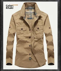 Detail of khaki cargo shirt with buttoned flap pockets and a structured cotton texture