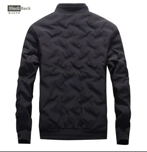 Detailed back view of men's black standing collar jacket with unique wavy quilted texture