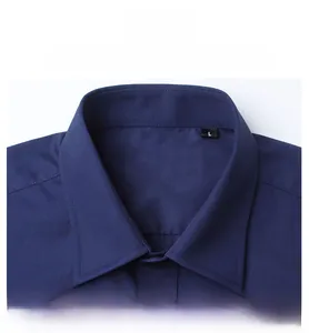 Detail view of navy blue men's shirt classic square collar with button-down design