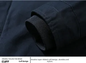 Detail of navy flight jacket showing durable double-layered ribbed elastic windproof cuffs