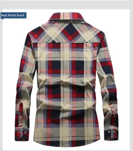 Detailed back view of casual plaid shirt in red and navy cotton flannel fabric