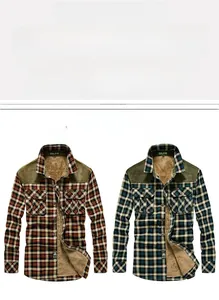 Detail of winter checkered long sleeve shirt showing thick warm fleece inner lining
