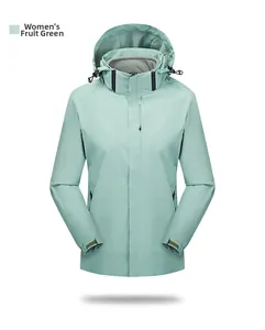 Detail view of fruit green outdoor jacket with adjustable hood and velcro cuffs