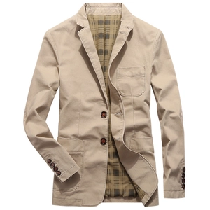 Men's khaki casual blazer with stylish plaid lining and classic two-button closure