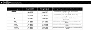 Size chart for slim fit fleece men's jacket with recommended height and weight data