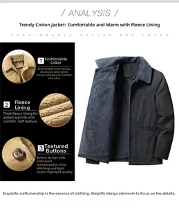 Detail of men's washed cotton jacket showing the warm gray fleece lining and collar
