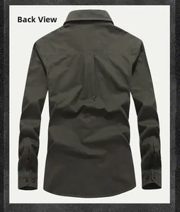 Rear view of men's long sleeve cargo shirt in military green with back pleat detail