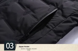 Detailed macro view of a zippered pocket on a black winter down jacket with V-shape quilting