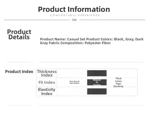 Detailed size chart and fabric specs for black and grey polyester tracksuits