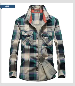 Detail of green plaid shirt with double chest pockets and Fashion embroidery