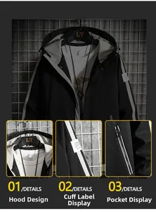 Detail view of hooded jacket featuring side zip pockets and white stripe sleeve accents