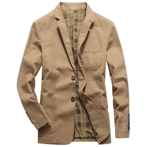 Men's khaki casual blazer jacket with notch lapel and stylish plaid lining detail