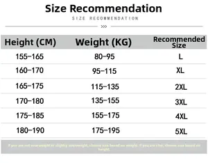 Men's sports tracksuit size chart showing height and weight recommendations from L to 5XL