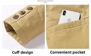 Detail of khaki cotton jacket showing buttoned cuffs and deep pocket for mobile phone