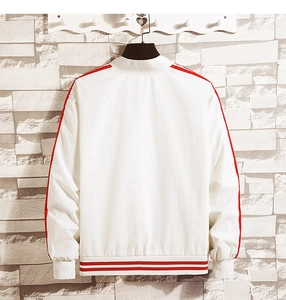Back view of men's white baseball jacket with red stripes on sleeves and ribbed cuffs