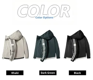 Men's casual hooded jackets shown in khaki, dark green, and black with sleeve stripes