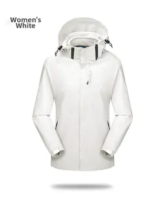 Detailed view of white hooded windbreaker for women with EXPLORE lettering on chest