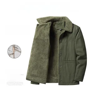 Detail view of olive green work jacket with sherpa fleece lining and side pocket snap buttons