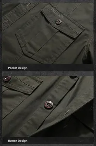 Detail of military green shirt showing cargo pockets and vintage button closure