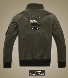 Detailed back view of army green flight jacket with large eagle head embroidery on cotton
