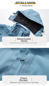 Detail of the detachable hood with mesh lining and reflective explore text on the jacket