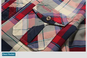 Detail of red and blue plaid shirt chest pocket with FASHION embroidery and dark button