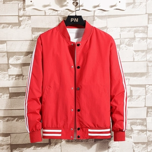 Men's loose fit red baseball jacket with white contrast stripes and stand collar