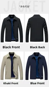 Detail view of business casual jackets in black, khaki, and blue with zipper closure